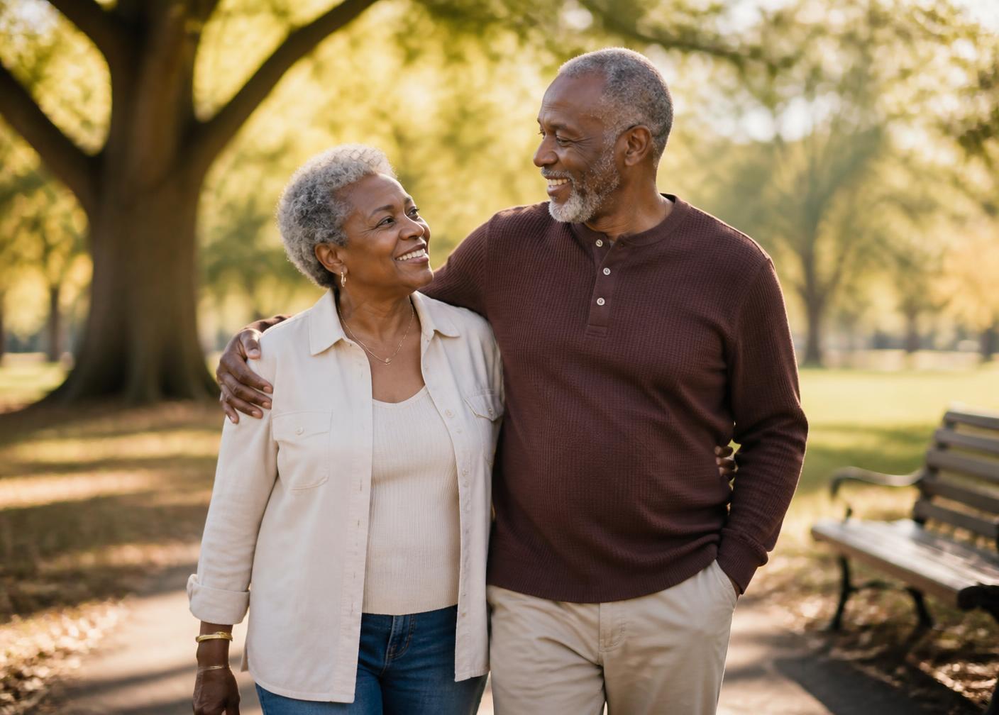A mature couple walking together in a sunlit park